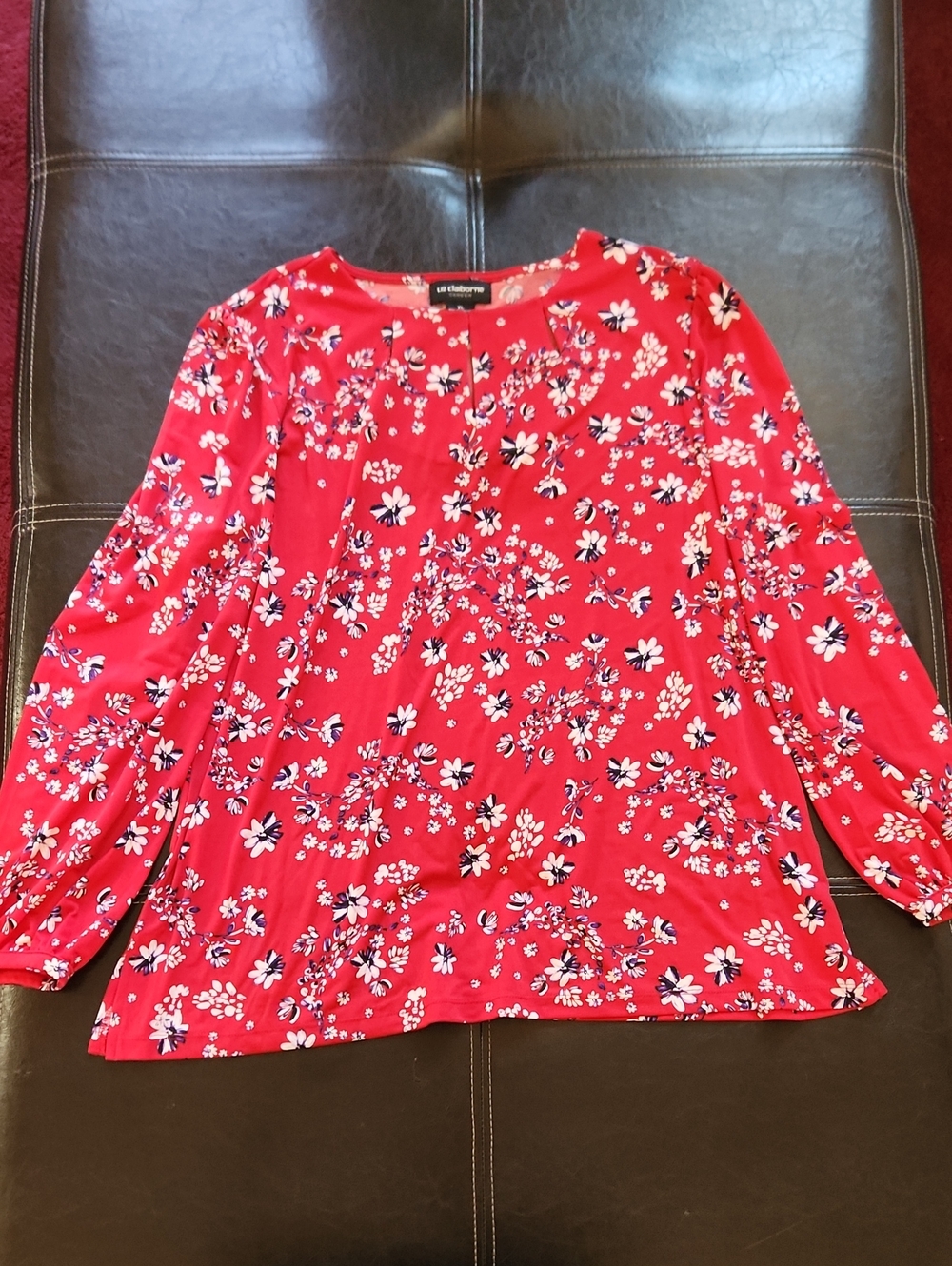 Liz Claiborne Red Floral Scoop-Neck Long Sleeve Blouse